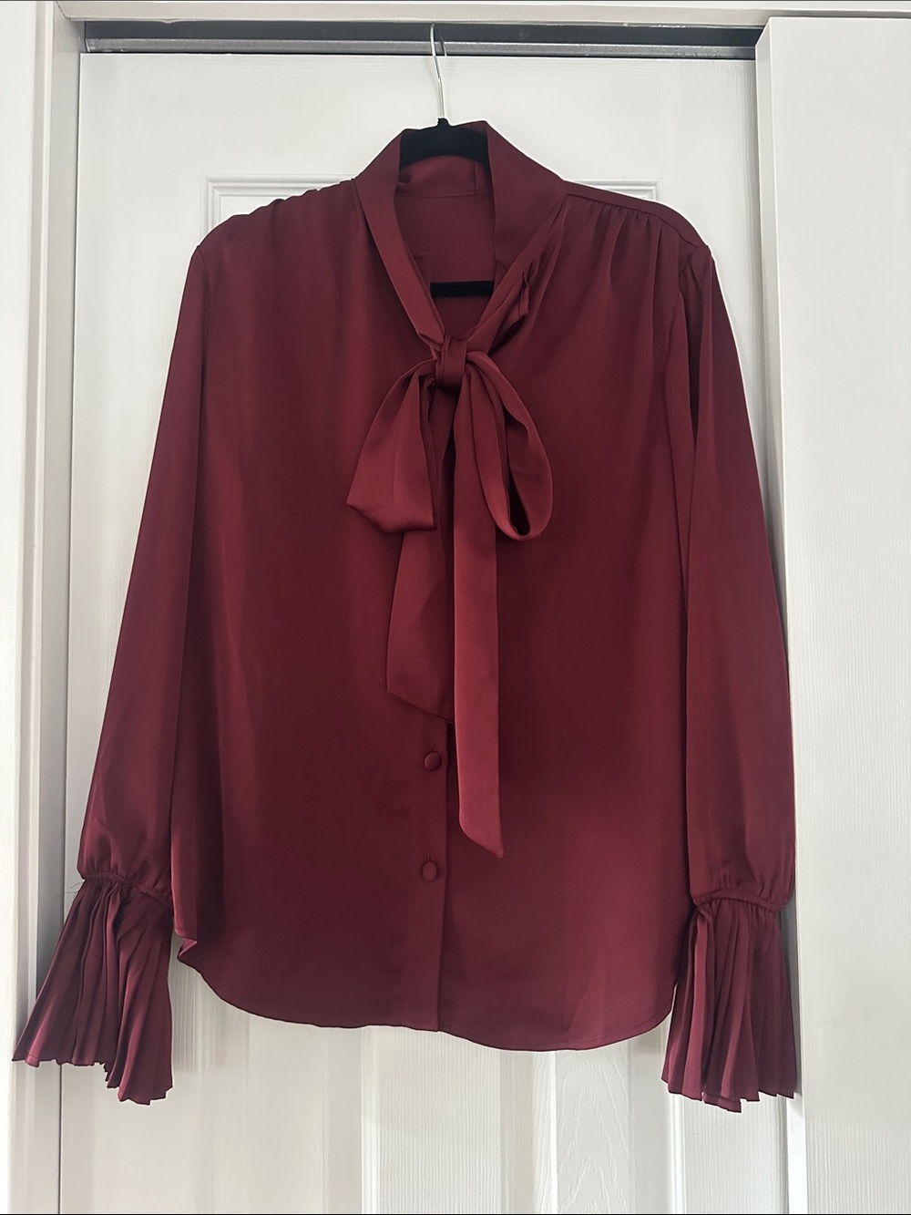 NWOT Commense Burgundy Bow Button Down with Pleated Sleeve Detail